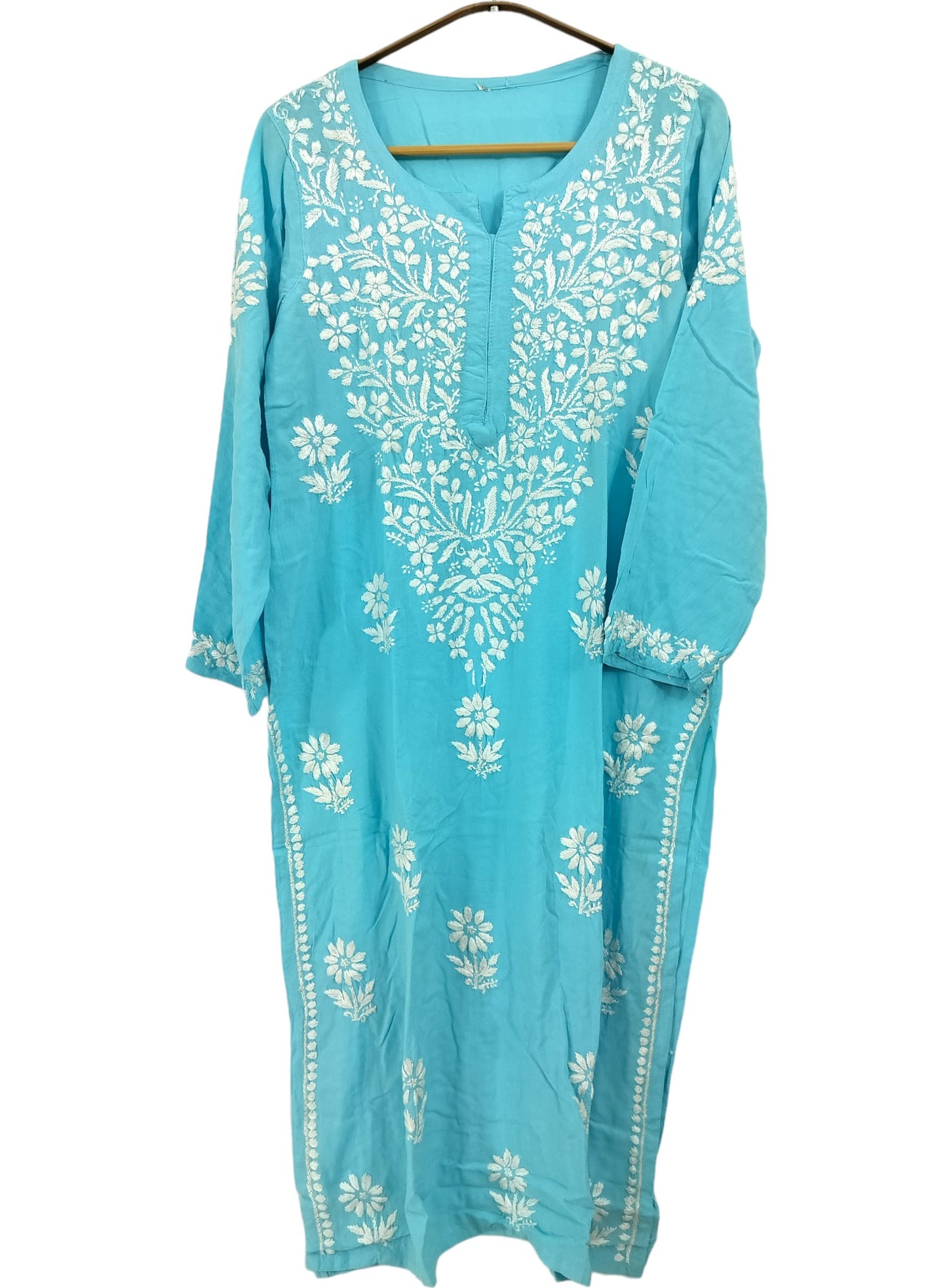 SKY BLUE LONG RAYON KURTA WITH FLORAL PATTERN
