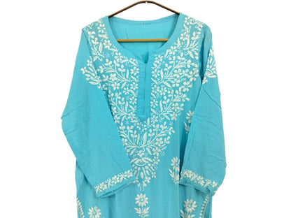 SKY BLUE LONG RAYON KURTA WITH FLORAL PATTERN