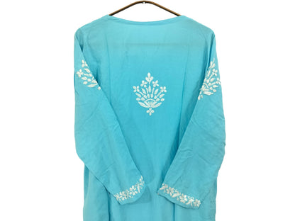 SKY BLUE LONG RAYON KURTA WITH FLORAL PATTERN