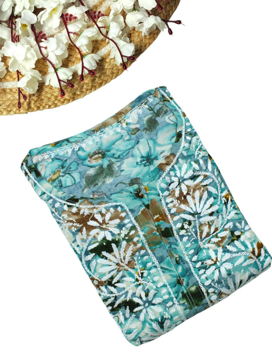 HINA BLUE LONG PRINTED RAYON CHIKANKARI KURTA