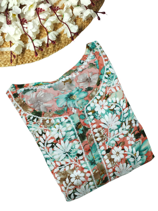 HINA GREEN LONG PRINTED RAYON CHIKANKARI KURTA