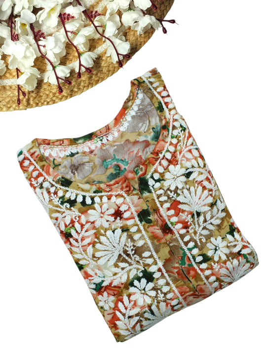 HINA ORANGE LONG PRINTED RAYON CHIKANKARI KURTA