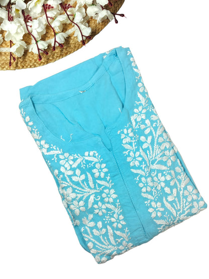 SKY BLUE LONG RAYON KURTA WITH FLORAL PATTERN