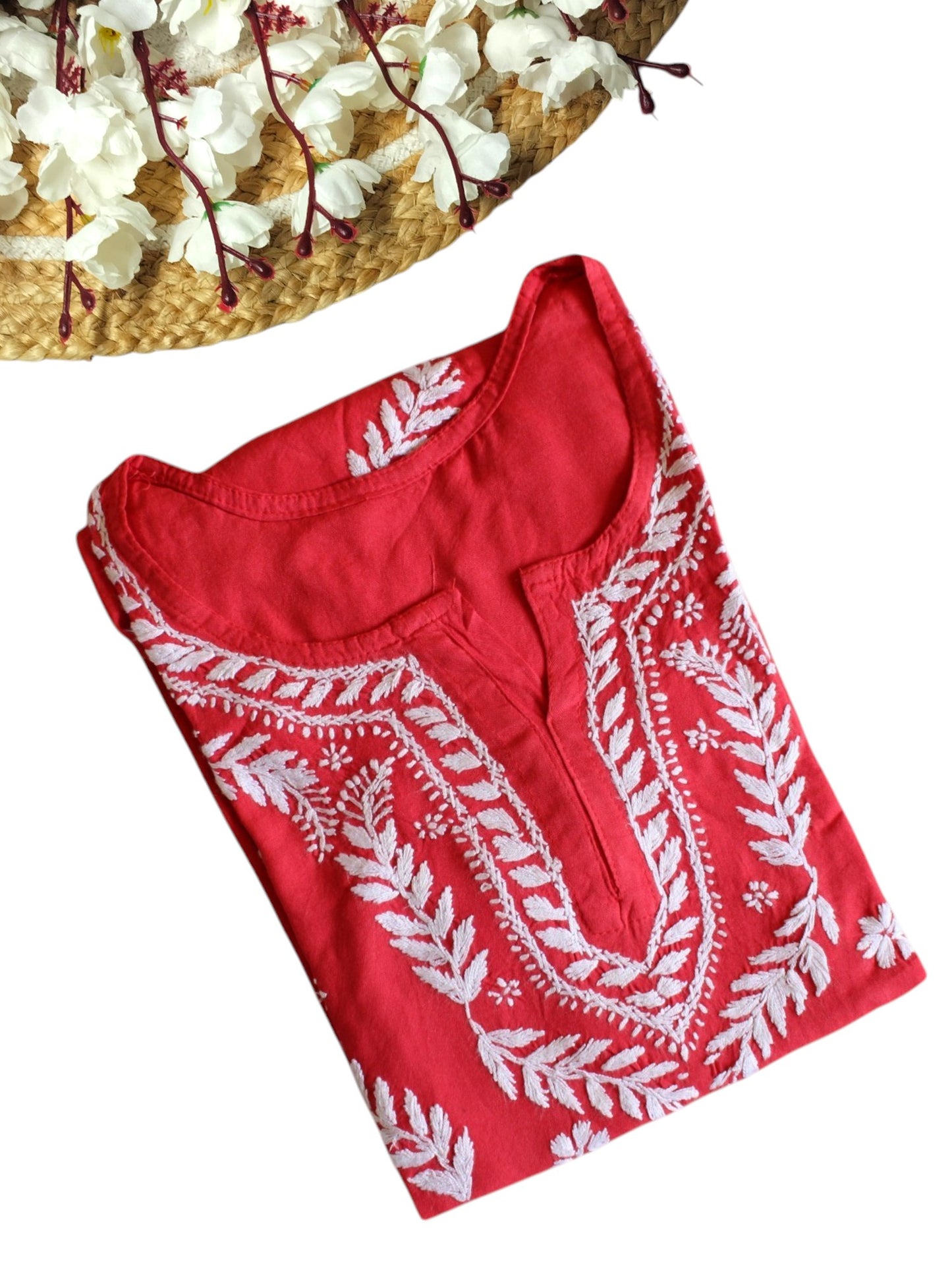 CORAL RED RAYON CHIKANKARI SHORT TOP