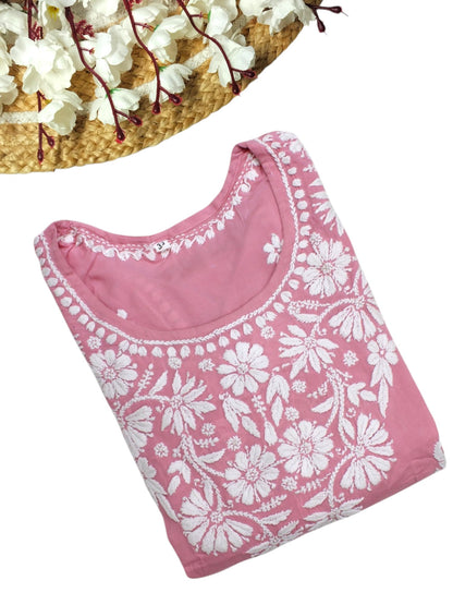 POWDER PINK MODAL LONG KURTA WITH 3D CHIKANKARI