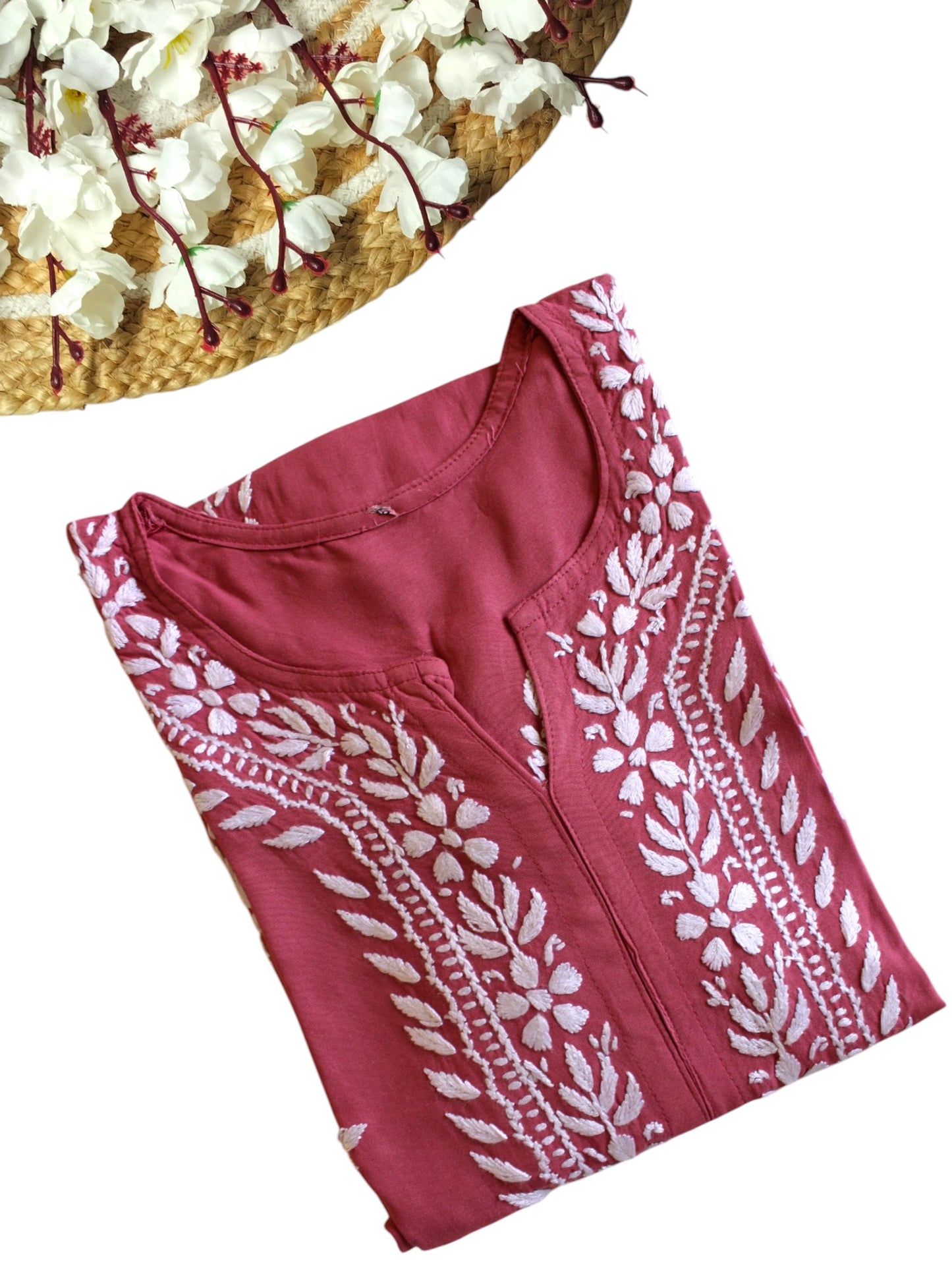 DUSTY PINK LONG RAYON KURTA WITH FLORAL PATTERN