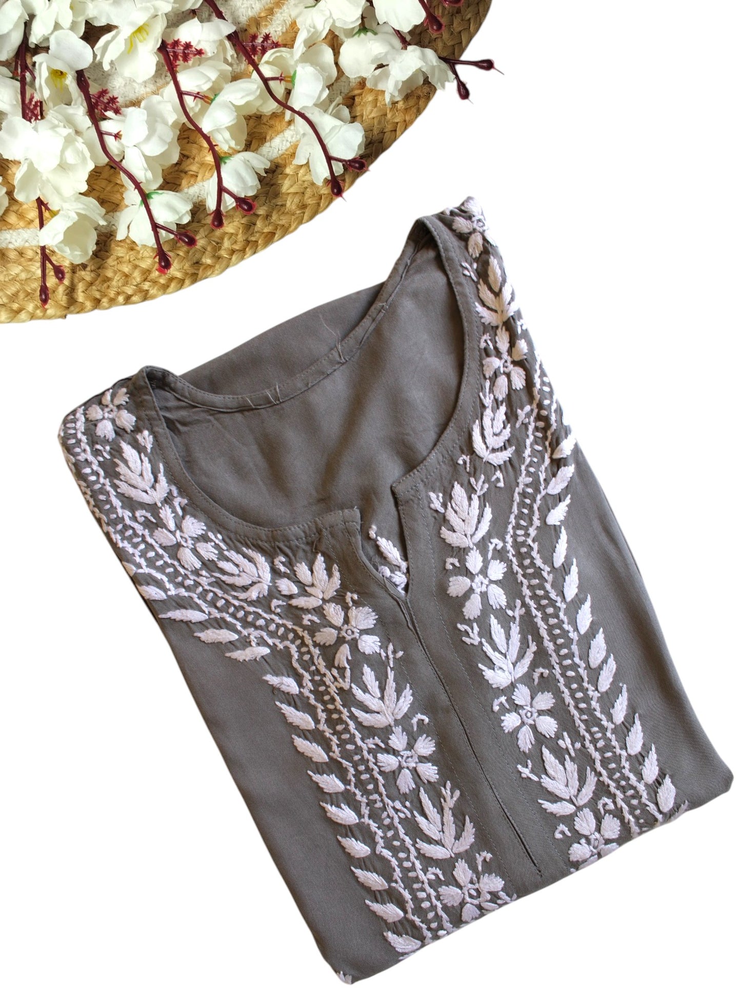 GREY LONG RAYON KURTA WITH FLORAL PATTERN