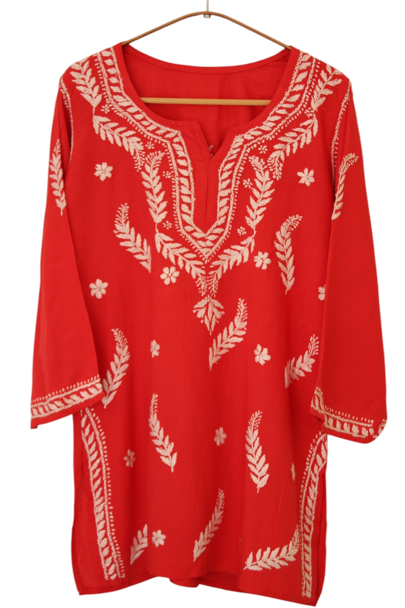 CORAL RED RAYON CHIKANKARI SHORT TOP