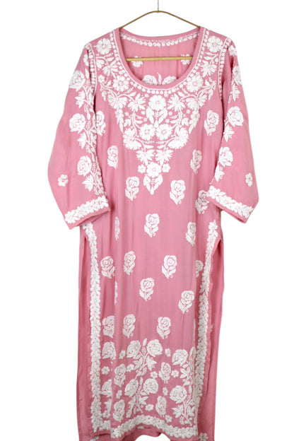 POWDER PINK MODAL LONG KURTA WITH 3D CHIKANKARI