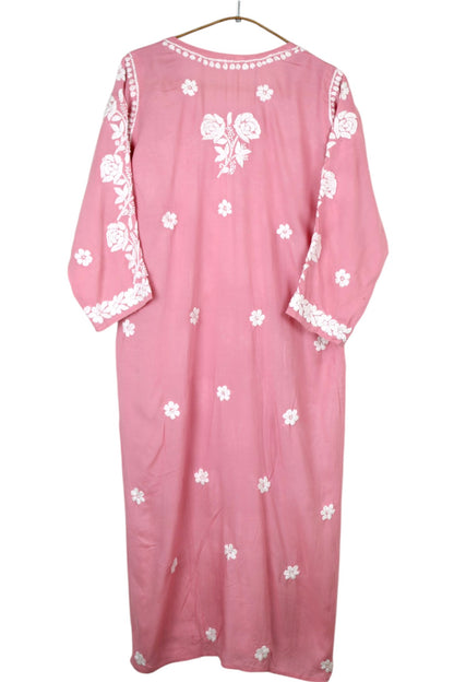 POWDER PINK MODAL LONG KURTA WITH 3D CHIKANKARI