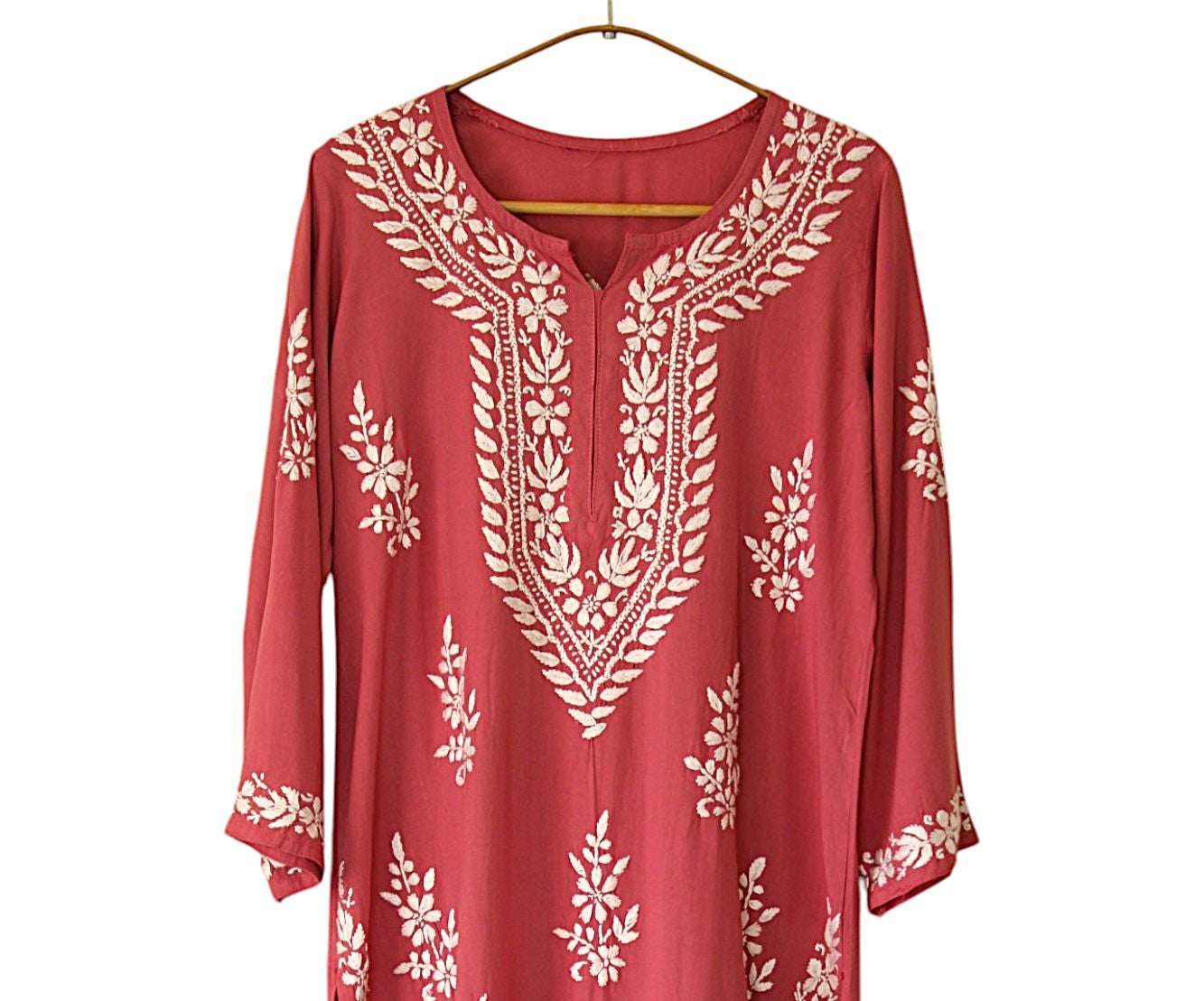 DUSTY PINK LONG RAYON KURTA WITH FLORAL PATTERN