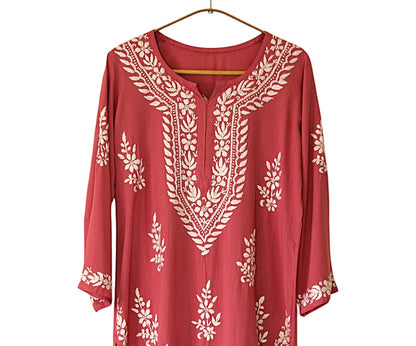 DUSTY PINK LONG RAYON KURTA WITH FLORAL PATTERN