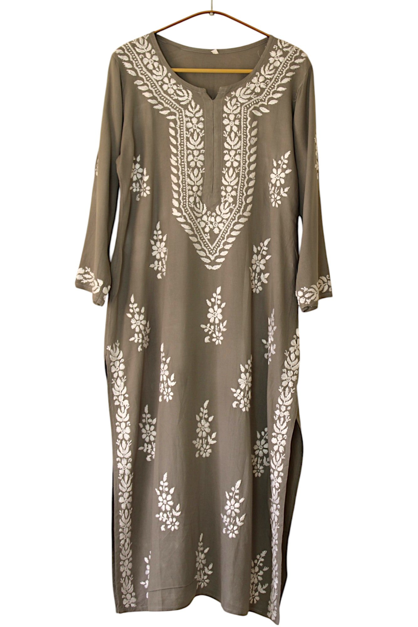 GREY LONG RAYON KURTA WITH FLORAL PATTERN