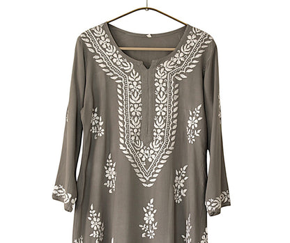 GREY LONG RAYON KURTA WITH FLORAL PATTERN